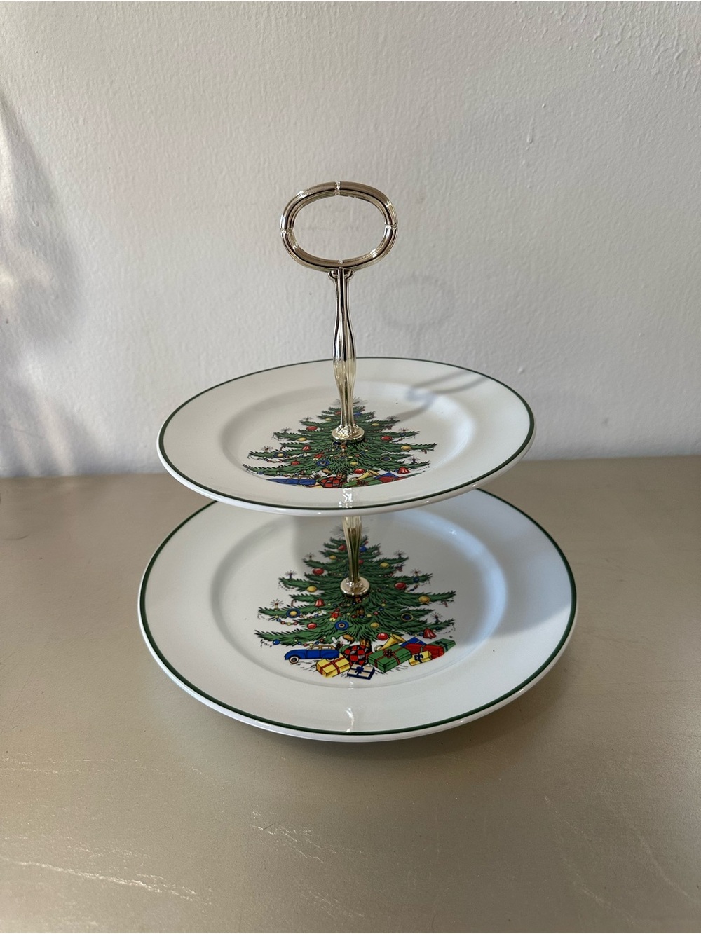 CUTHBERTSON-Holiday Two-Tier Serving Stand - White with Green Trim